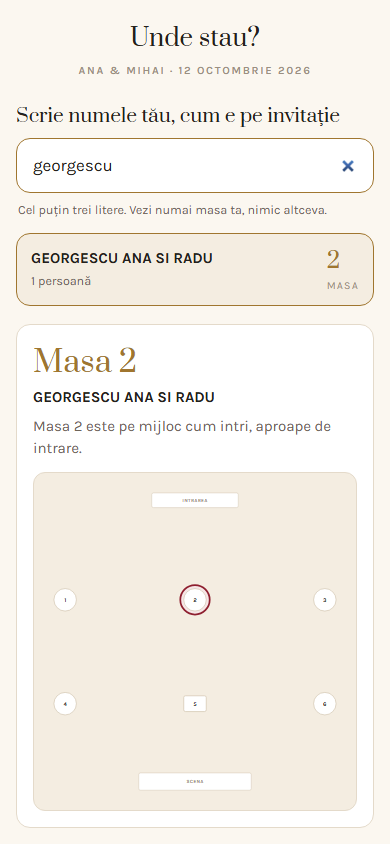 Pagina „Unde stau?” pe telefonul invitatului: numele scris și masa lui, arătată pe plan (tema luminoasă)